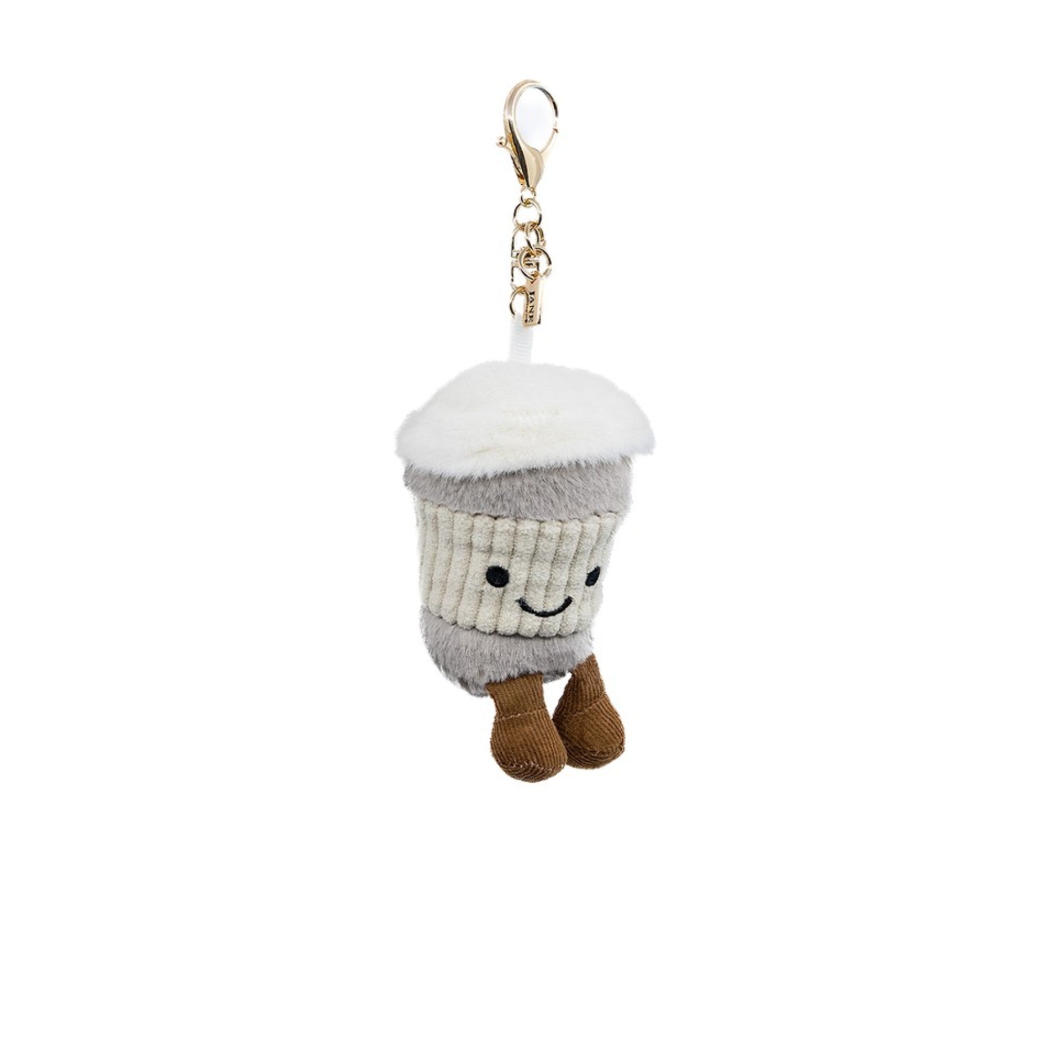 Fuel your day with this plush coffee cup charm, featuring a joyful face and playful dangly legs. A perfect accessory for your bag or keys, adding a whimsical touch to your daily essentials