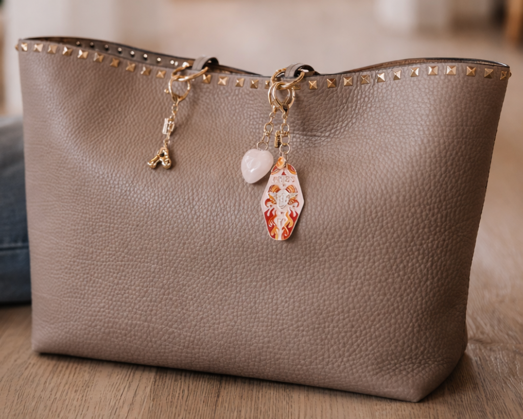 Brown leather handbag with zodiac charm with a bubble letter for personalization