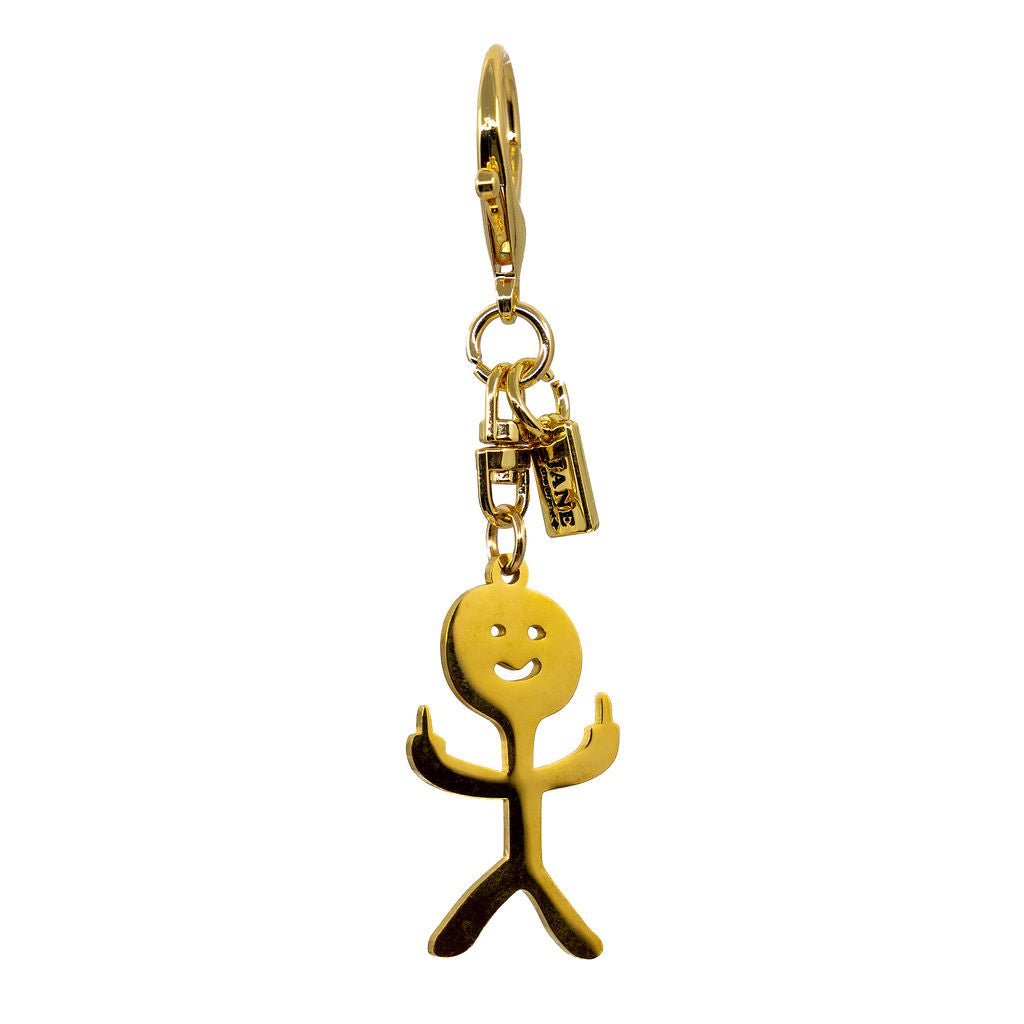 Gold charm with a stick figure design middle finger