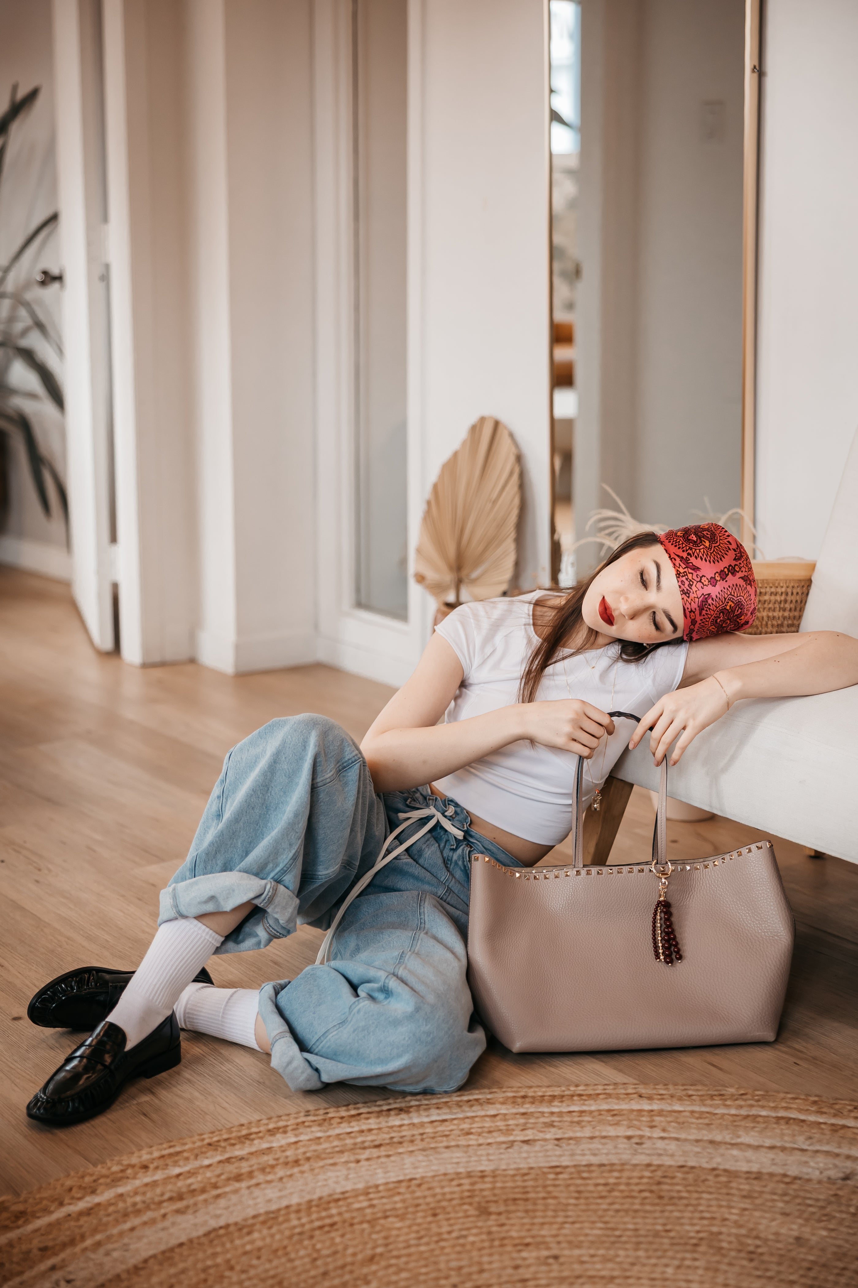 white top and blue jeans purse charm bag charm