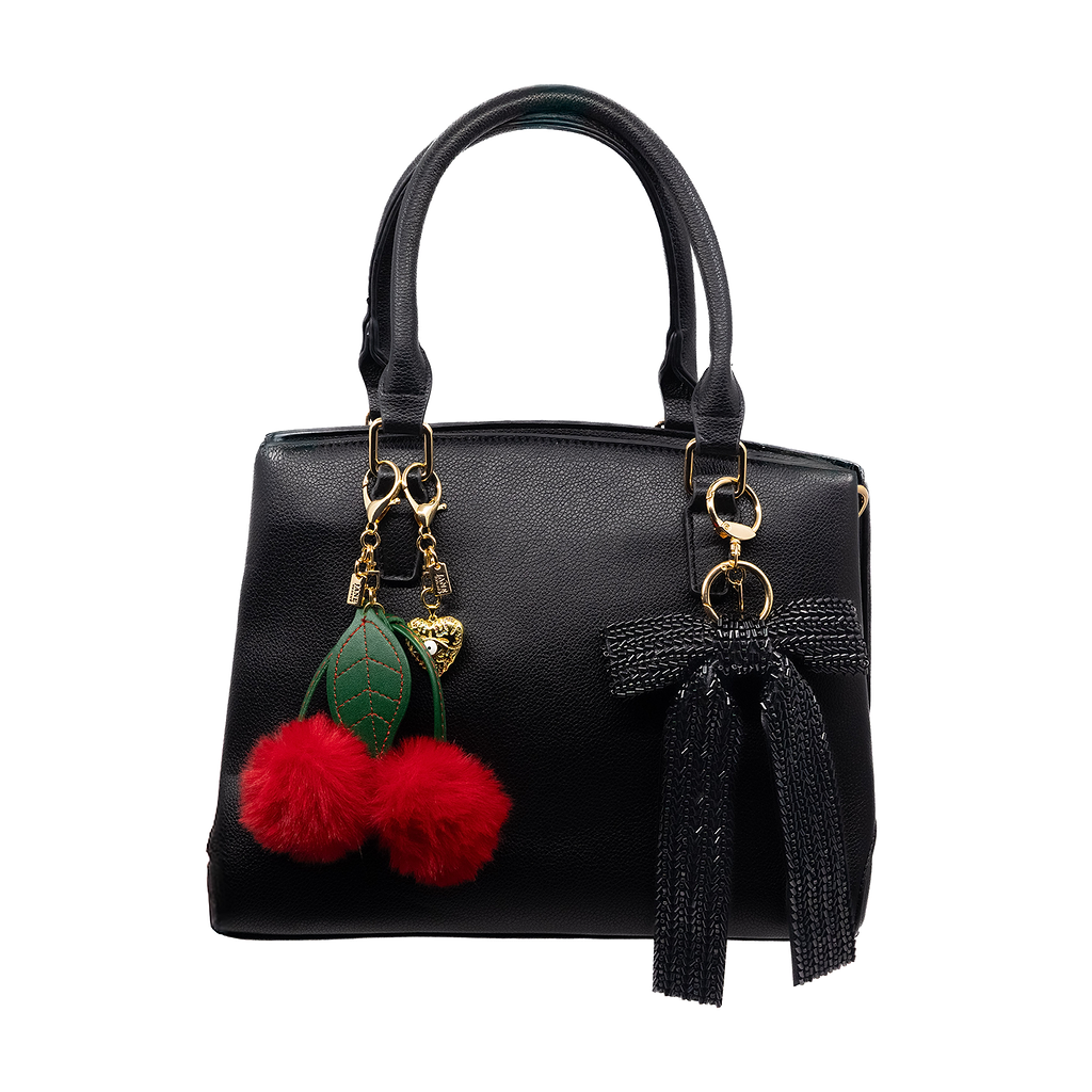 Add a playful pop of colour with this plush red cherry pom charm. Its soft texture and vibrant hue bring a whimsical flair to your accessories, making it a delightful addition to your bag or keychain. A sweet way to express your fun-loving personality.