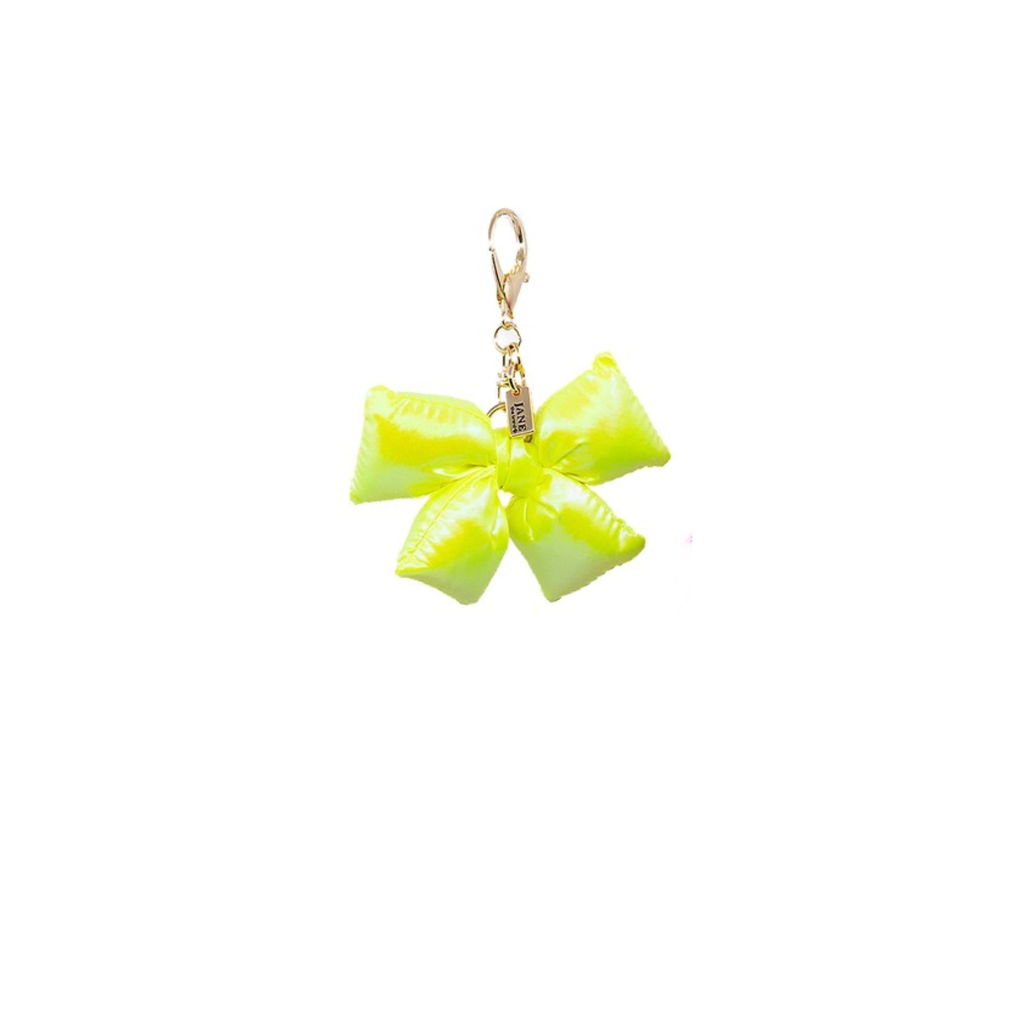 Brighten your ensemble with this iridescent yellow puffy bow charm. Its vibrant hue and playful design bring a cheerful touch, making it a perfect accessory for expressing joy and confidence.