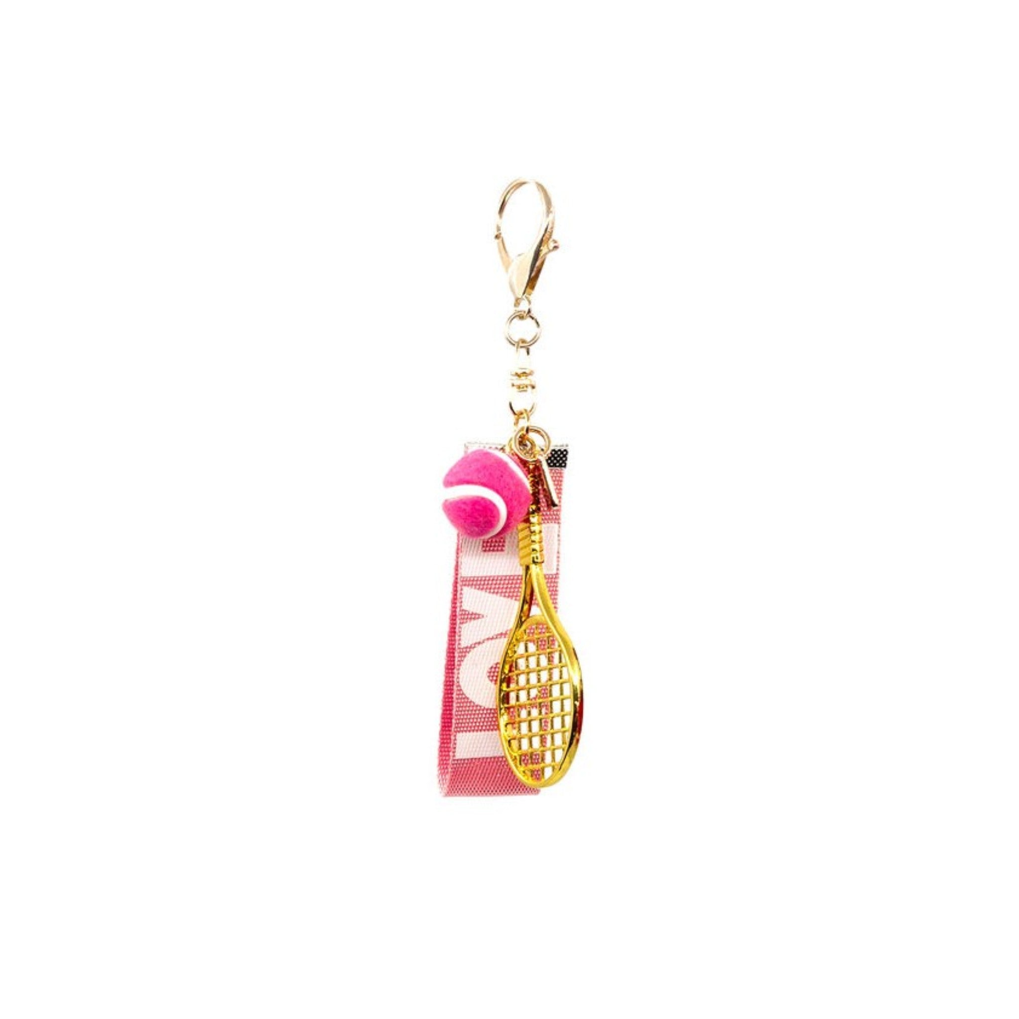 This rose pink metal tennis racket charm exudes strength and elegance. Its sleek design and vibrant hue make it a standout piece, perfect for adding a touch of athletic flair to your bag.